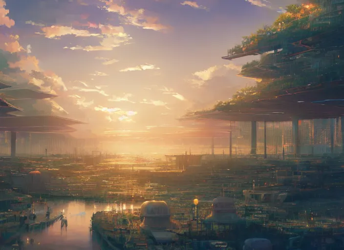 Image similar to concept art of a utopian solarpunk city, key visual, ambient lighting, highly detailed, digital painting, artstation, concept art, sharp focus, by makoto shinkai and akihiko yoshida and hidari and wlop