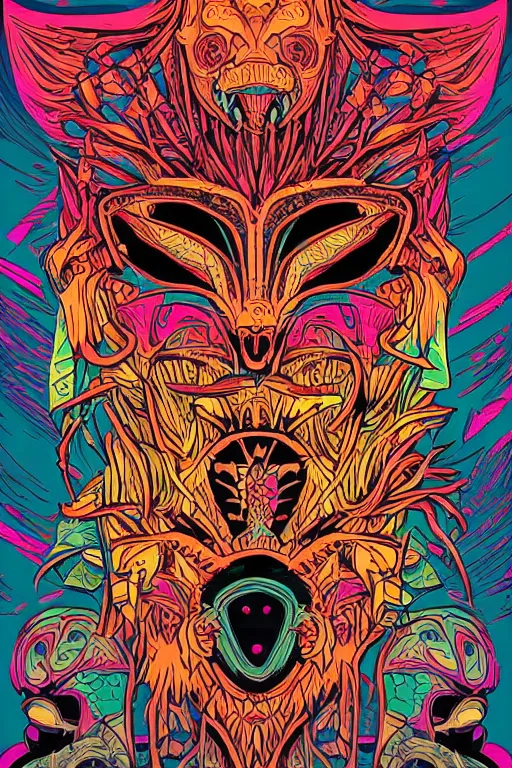 Image similar to animal mask totem roots flower tribal feather gemstone plant wood rock shaman vodoo video game vector cutout illustration vivid multicolor borderlands comics by josan gonzales and dan mumford radiating a glowing aura