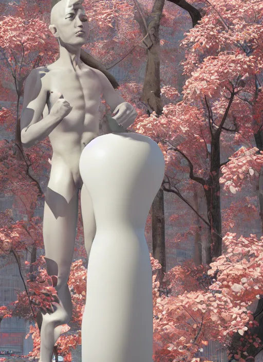 Image similar to a sculpture of a man standing next to a tall vase, a raytraced image by Hikari Shimoda, polycount, video art, vray tracing, ray tracing, rendered in unreal engine