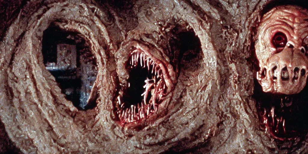 Image similar to filmic extreme wide shot movie still 4k UHD interior 35mm film color photograph of a a detached snarling distorted deformed human head protruding out of a mutated abstract shape shifting organism made of human internal organs, in the style of a horror film The Thing 1982