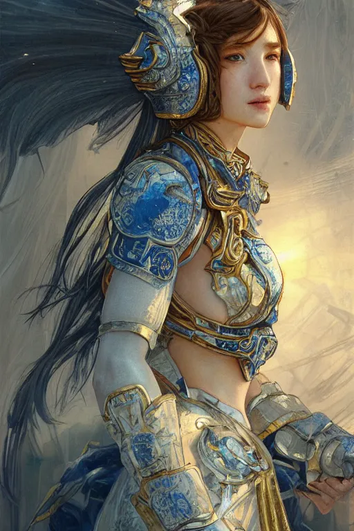 Image similar to portrait knights of Zodiac girl, Chinese Blue and white porcelain color reflected armor, in ruined Agora of Athens, ssci-fi, fantasy, intricate, very very beautiful, elegant, golden light, highly detailed, digital painting, artstation, concept art, smooth, sharp focus, illustration, art by tian zi and WLOP and alphonse mucha