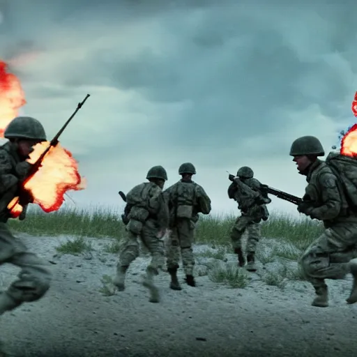 Image similar to american soldiers running at the camera with rifles during normandy beach landing with fiery explosions and debris and dead bodies and limbs all around them in the style of the movie up, gritty, 4 k, cinematic lighting,