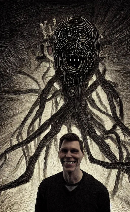 Image similar to portrait of eldritch smiling jerma, surrounded by beams of light dark background by wayne barlow, stanley donwood, anton semenov, zdzislaw bekinski, hr giger, 8 k, fantasy, dark, highly detailed