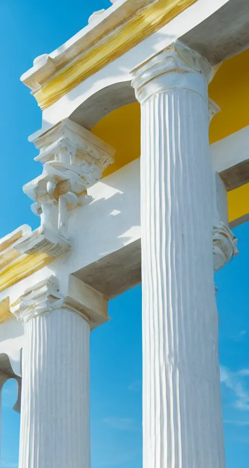 Prompt: pastel yellow greek architecture in front of a light blue clear sky, beautiful, minimalistic, aesthetic, two tone