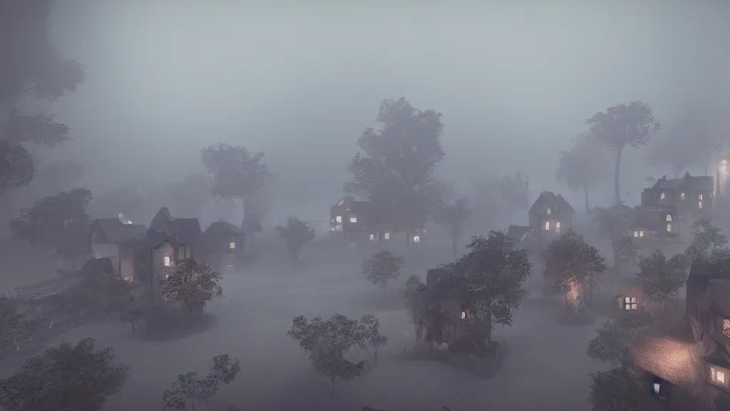 Prompt: village with many beautiful houses in the fog, fog, volumetric lighting, mystique, atmospheric, in the style of the game inside, sharp focus, ultra detailed, noir arthouse, 4 k, cinematic, 3 5 mm