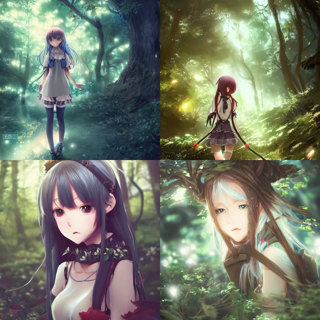Prompt: an anime girl in a mysterious forest, detailed, intricate, cinematic lighting, trending of artstation, 4 k, hyperrealistic, focused, extreme details, cinematic, masterpiece