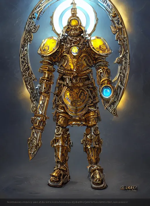 Prompt: full body, attack position abstract portrait of a intricate ornate holy mechanical warforged with circular glowing eye, character in yellow armor holding a legendary paladin engraved great longsword with a metal blade drawn and carrying a huge heavy paladin shield, vertically flat head, face in focus, epic , trending on ArtStation, masterpiece, cinematic lighting, by Ross Tran and by Greg Rutkowski