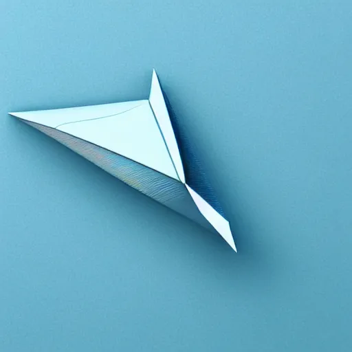 Image similar to icon of paper plane in light blue metallic iridescent material, 3D render isometric perspective on dark background