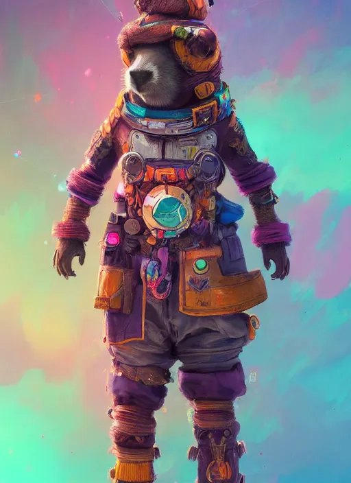 Prompt: detailed full body concept art illustration colorful pastel painting of an anthropomorphic capybara space pirate in full intricate clothing, biomutant, ultra detailed, digital art, octane render, 4K