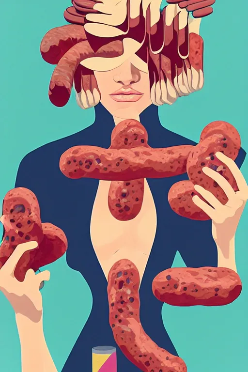 Image similar to abstract portrait of female superhero with sausage!!!! fingers miyazaki, colorful palette illustration, kenneth blom, mental alchemy, james jean, pablo amaringo, naudline pierre, contemporary art, hyper detailed