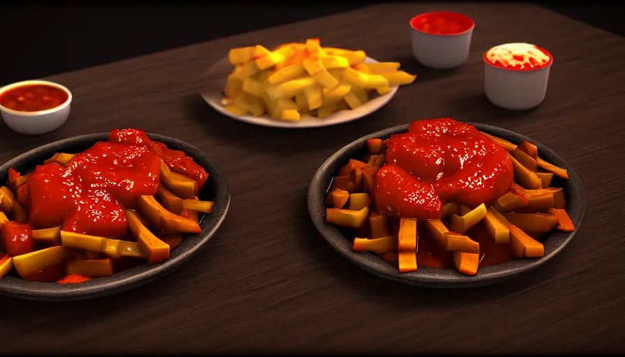 Prompt: poutine ( the canadian meal ) from mount doom, volcano texture, lava texture, fire texture, 8 k, octande render, unreal engine 5, surface blemishes, hdr