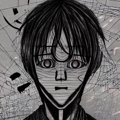 Image similar to surreal anime boy drawing, by junji ito, pixiv, digital art, glitch art