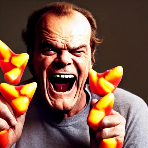 Prompt: jack nicholson maniacally eating fists full of candy corn while in a whole room full of candy corn