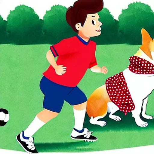 Image similar to illustration of french boy in paris playing football against a corgi who is wearing a polka dot scarf