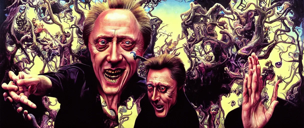 Image similar to neo-surrealist painting of young christopher walken pointing and laughing at me concept art wayne barlowe hannah yata very dramatic lighting 8k wide angle shallow depth of field