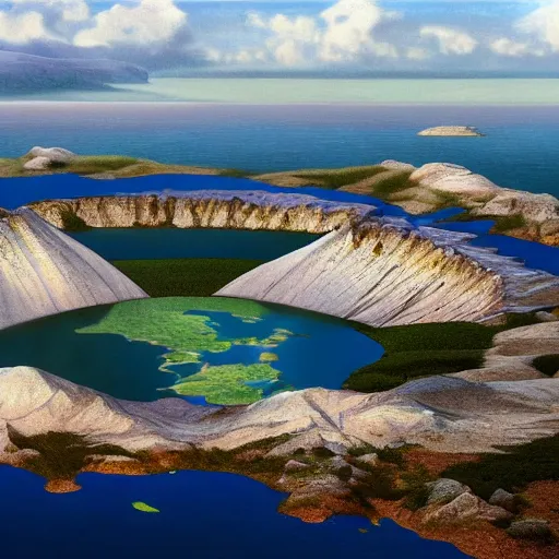 Image similar to a highly detailed landscape painting of large island in the center of a meteor crater lake with a domed futuristic fantasy city, river running through a crater, aerial photography, ultrawide lens, art by john collier and jeon seong and albert bierstadt, volumetric lighting, octane render, 4 k resolution, trending on artstation, masterpiece