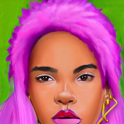 Prompt: a black teen girl with hoop earrings, bright pink hair and a purple hat, portrait, highly detailed, digital painting, artstation, concept art, sharp focus, illustration