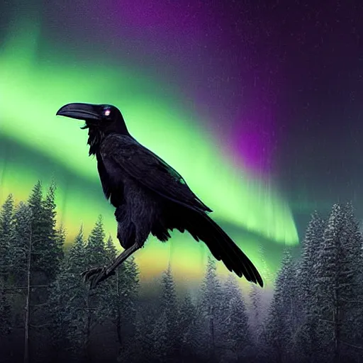 Image similar to detailed digital art, realistic, raven flying through the dark night with a mysterious aurora borealis, by naomi chen, cgsociety