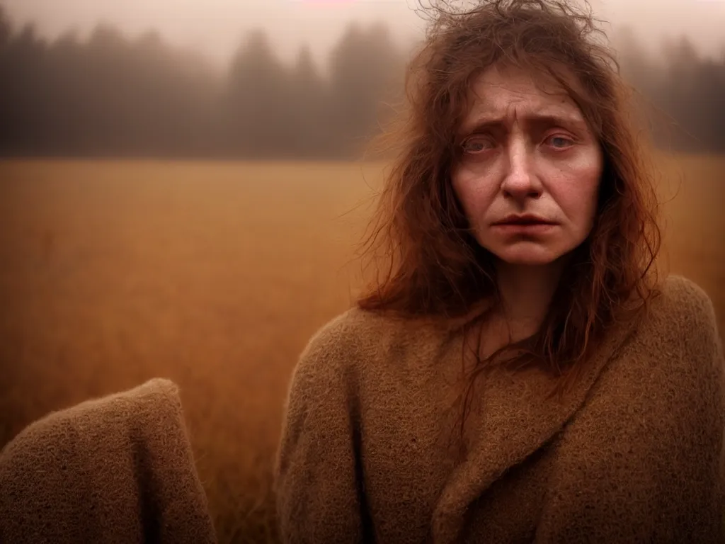 Image similar to close up portrait bust of woman, tired expression, faded color film, russian cinema, tarkovsky, technicolor, heavy forest, wood cabin in distance, shallow depth of field, long brown hair, old clothing, heavy fog, atmospheric haze, brown color palette, sunset, low light, hudson river school, 4 k, dramatic lighting