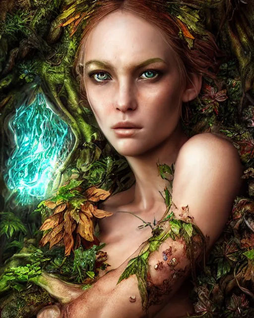 Image similar to portrait high definition photograph female fantasy character art, hyper realistic, pretty face, hyperrealism, iridescence water elemental, snake skin armor forest dryad, woody foliage, 8 k dop dof hdr fantasy character art, by aleski briclot and alexander'hollllow'fedosav and laura zalenga