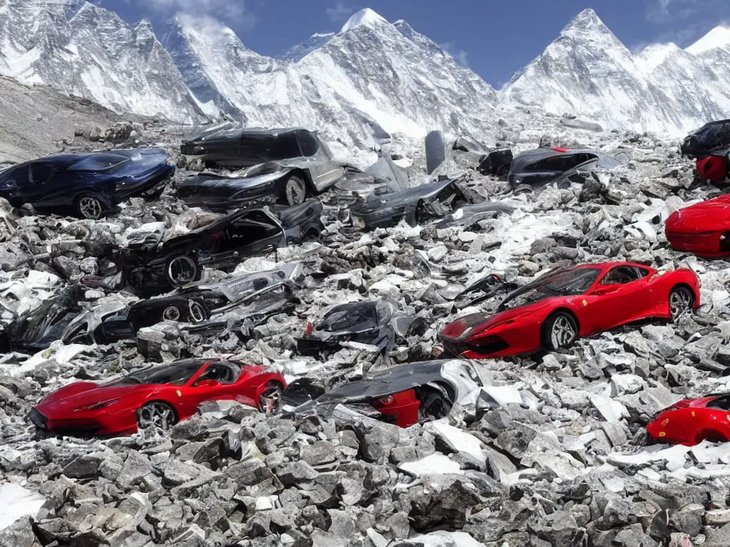 Prompt: crashed ferraris, 3 model lines on top of mount everest