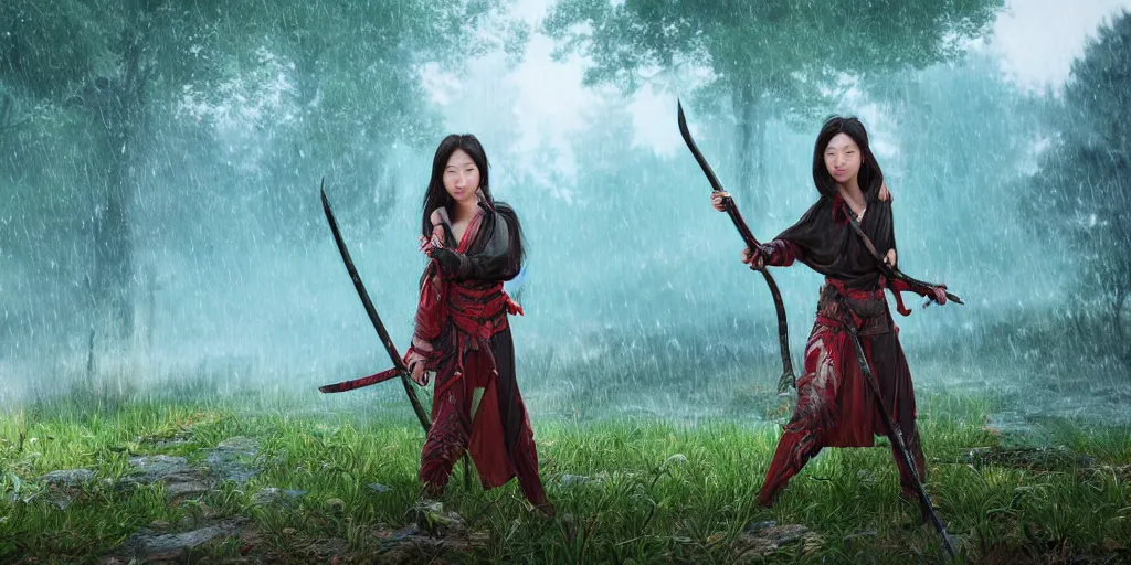 Image similar to An epic fantasy comic book style landscape painting of a young beautiful chinese girl holding a katana in a field of raining forest surrounded by bambok, unreal 5, DAZ, hyperrealistic, octane render, cosplay, dynamic lighting