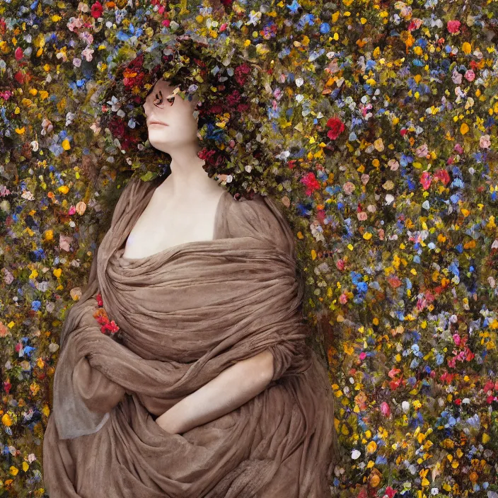 Image similar to a closeup portrait of a woman wearing a cloak made of plastic an mud, in an infinite landscape of flowers, photograph by vincent desiderio, canon eos c 3 0 0, ƒ 1. 8, 3 5 mm, 8 k, medium - format print