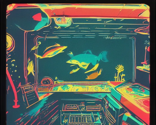 Image similar to wide angle, under water deep sea laboratory, steve zissou, at night, colorful lo fi, polaroid 6 0 0, 1 9 7 5 lightning, data bending, vhs artifacts, vintage science fiction, aquatic plants, colorful swirls of paint, movie set, film noir