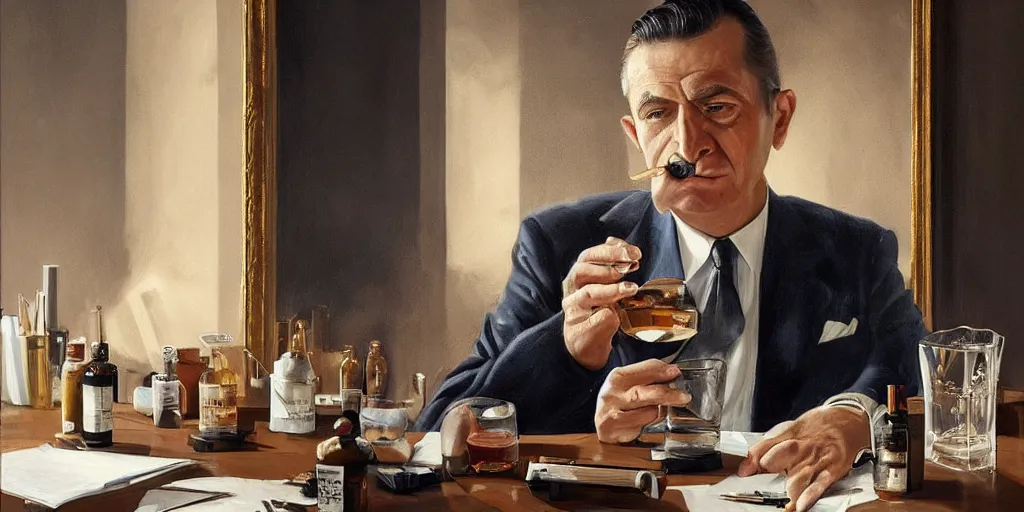 Image similar to beautiful oil matte portrait painting, mafia boss drinking whiskey at his 5 0 s new york office desk, wonderful masterpiece highly detailed, beautiful cinematic light deep focus, elegant, digital painting, smooth, sharp focus, golden ratio, dramatic illumination, ultra realistic, 8 k, art by jimmy law