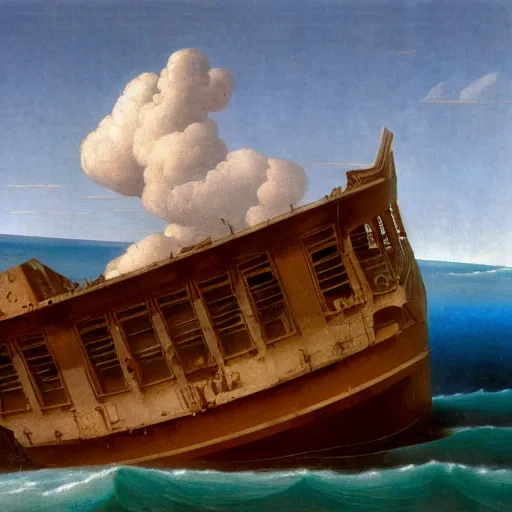 Image similar to a shipwreck at the bottom of the sea by Raphael, Hopper, and Rene Magritte. detailed, romantic, enchanting, trending on artstation.