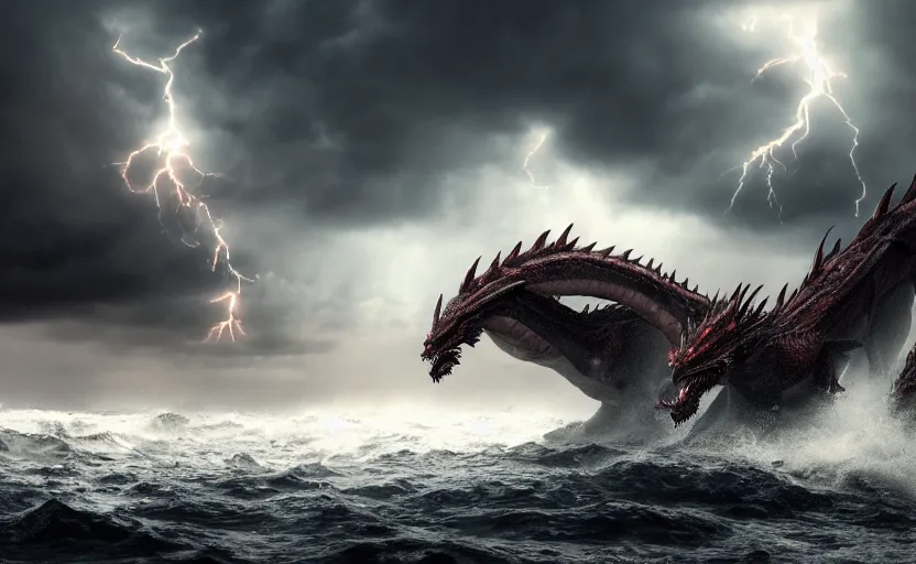 Image similar to a dragon with three heads emerging from the ocean during a storm, dramatic lighting, cinematic, high coherence, hyperrealistic, anatomically correct, path traced, highly detailed, high quality, 8 k hdr, octane render, unreal engine 5, trending on artstation, epic image, turbulent sea, concept art, digital art