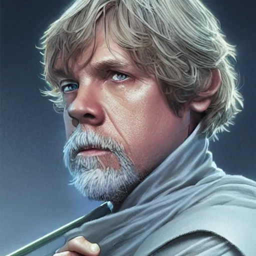 Image similar to luke skywalker grand master jedi from legends books, jedi from star wars, intricate detailed face, artgerm, greg rutkowski, alphonse mucha