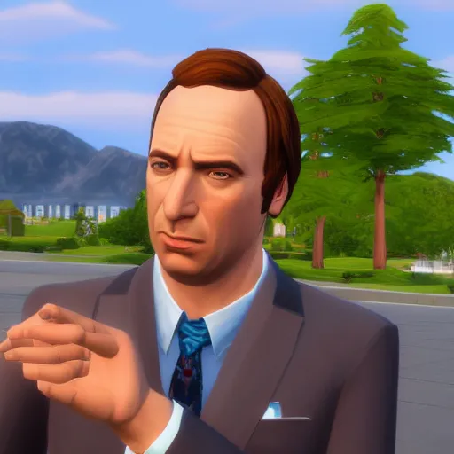 Image similar to saul better call saul, saul goodman, in the sims, realistic, photorealistic, high - resolution, sigma art 8 5 mm f 1. 4, very very saul goodman, very very very saul goodman, better call saul, inside the sims