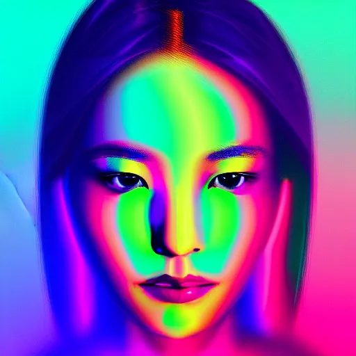 Prompt: a digital painting of a woman's face with colorful lights in the background, a hologram by li shida, featured on pixiv, holography, irridescent, holographic, psychedelic