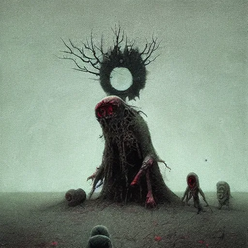 Prompt: end of the world, grunge, horror, loony toons style, illustrated by zdzisław Beksiński and greg rutkowski.