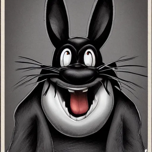 Prompt: A extremely highly detailed majestic hi-res beautiful, highly detailed head and shoulders portrait of a scary terrifying, horrifying, creepy black cartoon rabbit with scary big eyes, earing a shirt laughing, lets be friends, in the style of Walt Disney