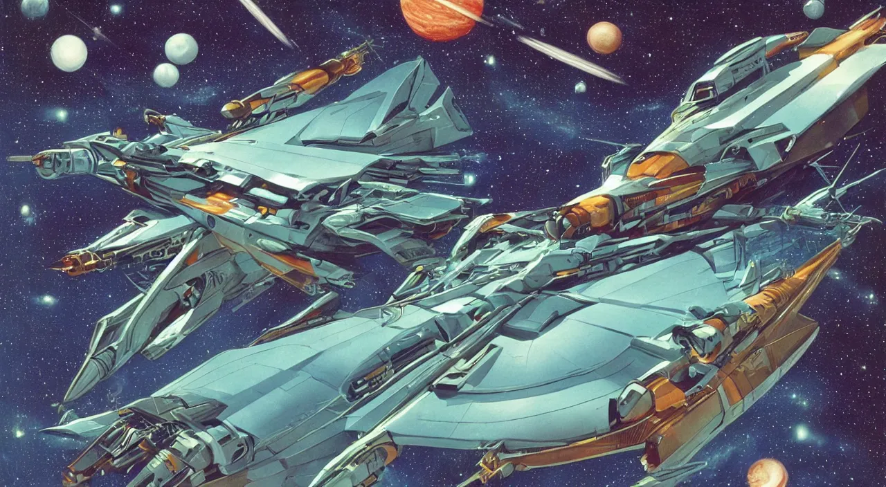 Image similar to A spaceship sailing through the universe, 80s sci-fi, Retro futurism,very detailed