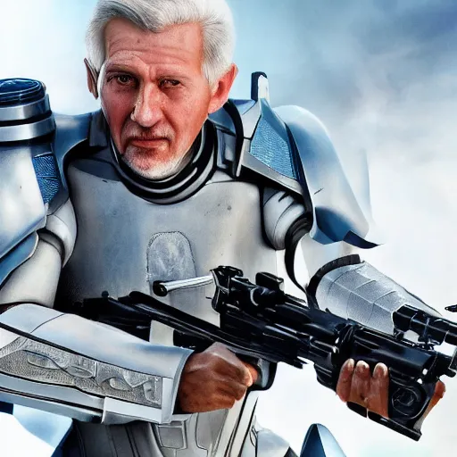 Prompt: close up photograph of an old man who is a veteran of many futuristic wars with short gray hair and blue eyes. he is wearing a white futuristic suit of heavy combat armor and holding a blaster in one hand and a plaster plazma - proof shield in the other. riding a white armored motorcycle charging into enemy lines while firing plasma bolts. scifi