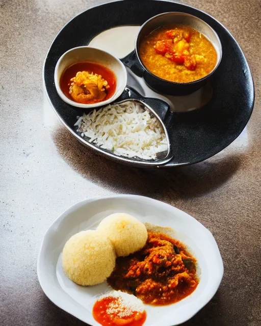 Prompt: A photo of Albert Einstein eating Idli Sambar, highly detailed, trending on artstation, bokeh, 90mm, f/1.4