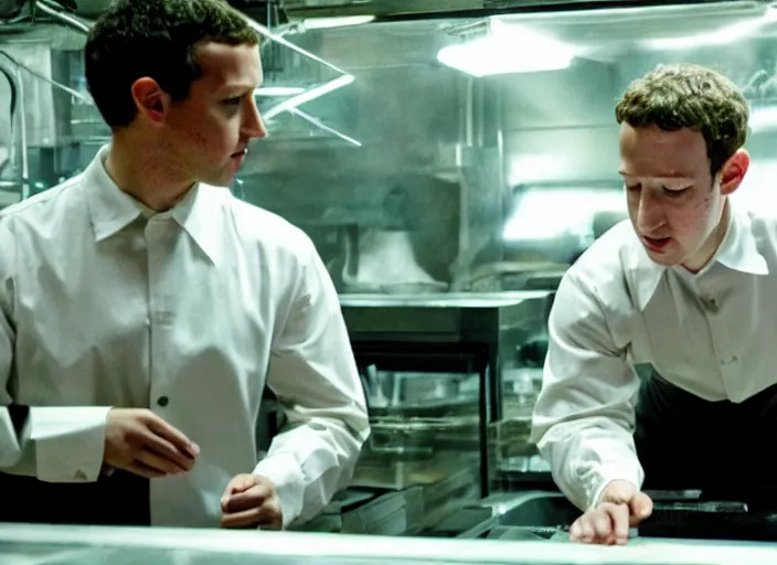 Prompt: film still of mark zuckerberg as agent smith working in a bakery in the new matrix movie, 4 k