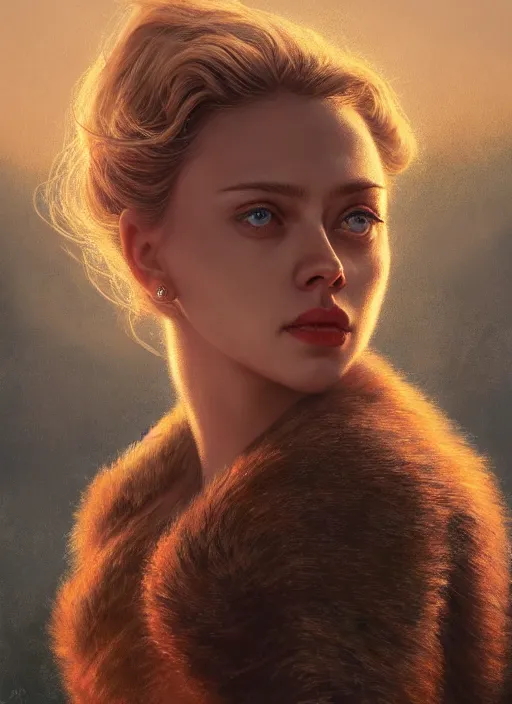 Image similar to a portrait of scarlett johannson, big eyes, plump lips, detailed faces, beautiful, rich deep colours masterpiece, golden hour, sharp focus, ultra detailed, by leesha hannigan, ross tran, thierry doizon, kai carpenter, ignacio fernandez rios