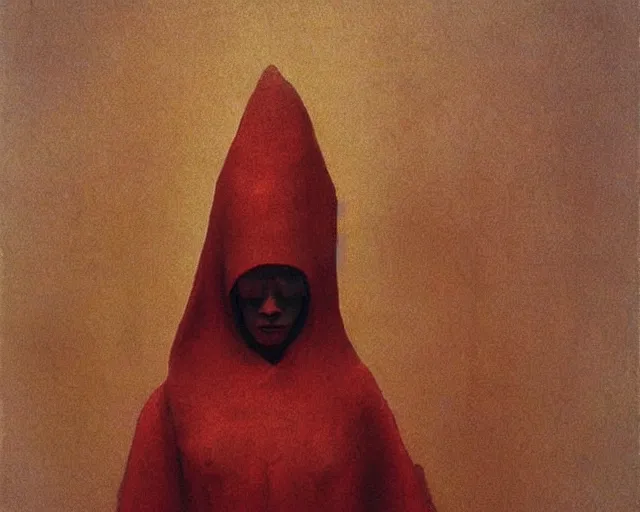 Image similar to by francis bacon, beksinski, mystical redscale photography evocative. devotion to the scarlet!!! woman!!!, priestess in a conical!!! hat, coronation, ritual, sacrament