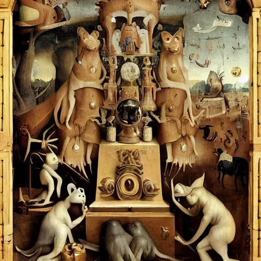 Image similar to anthropomorphic animals worshipping a monument to money, golden idol, by hieronymus bosch, ultra detailed, highly detailed, 8 k, trending on artstation, award - winning art,