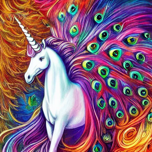 Prompt: beautiful white unicorn with peacock feather mane and peacock tail detailed painting in the style of josephine wall 4 k