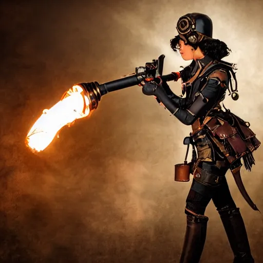 Image similar to photo of a female steampunk warrior with jetpack and flamethrower