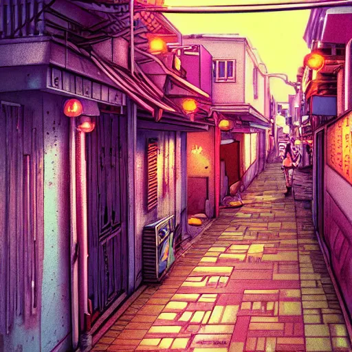 Prompt: small alley in golden gai, vaporwave nostalgia, visual novel cg, 8 0 s anime vibe, kimagure orange road, maison ikkoku, trending on artstation