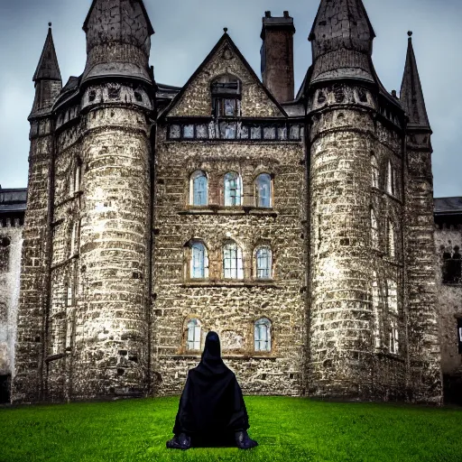 Image similar to black hooded trench coat man sitting on the edge of a castle, gothic, raining, 4k resolution