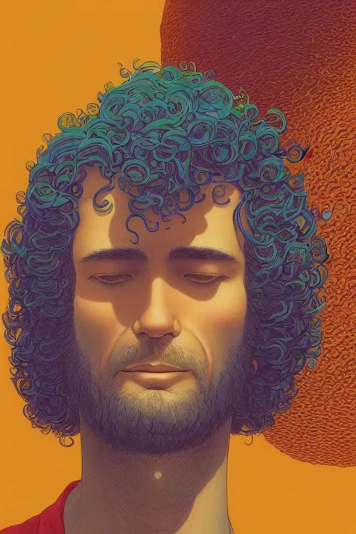 Prompt: a colorful vibrant closeup portrait of a simple caucasian man with curly mid length brown hair with a calm aesthetic face and dreaming psychedelic hair, neutral, by kawase hasui, moebius, edward hopper and james gilleard, zdzislaw beksinski, steven outram colorful flat surreal design, hd, 8 k, artstation