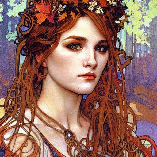 Prompt: realistic detailed face portrait of a beautiful young medieval queen of autumn maple trees by Alphonse Mucha, Greg Hildebrandt, and Mark Brooks, Art Nouveau, spirals, Neo-Gothic, gothic, Art Nouveau