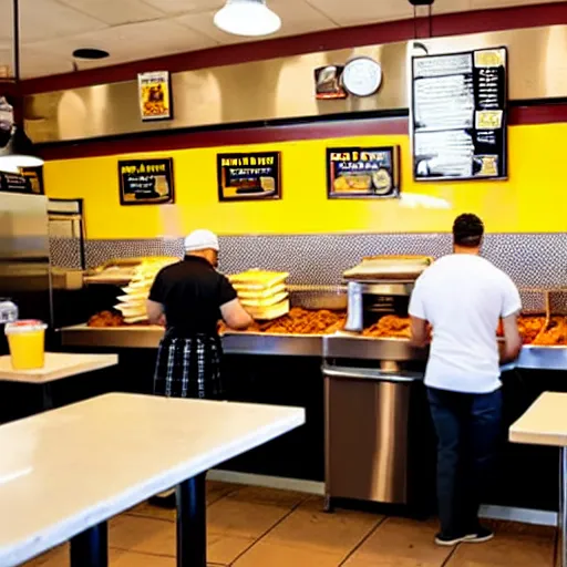 Image similar to busy wafflehouse interior with customers eating breakfast and wafflehouse employees serving food and cooking behind countertop